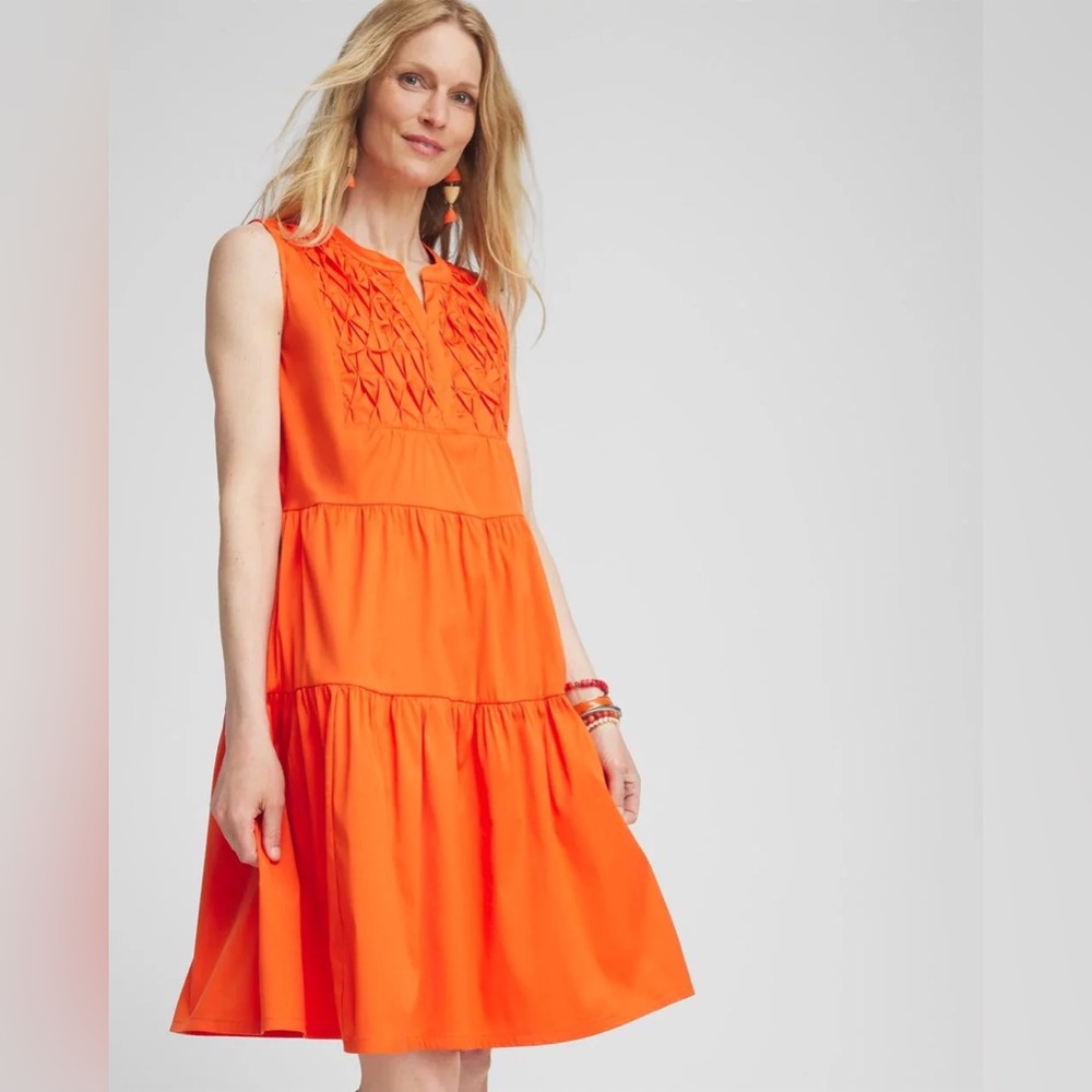 Chico's Vibrant Orange Sleeveless Tiered Midi Dress